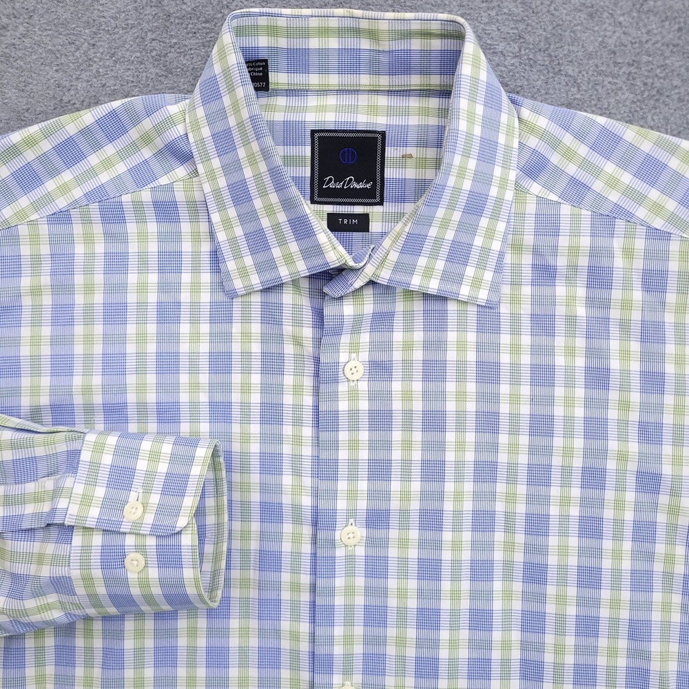 David Donahue Dress Shirt Mens 16.5-32/33 Trim Fit Blue Green White Plaid